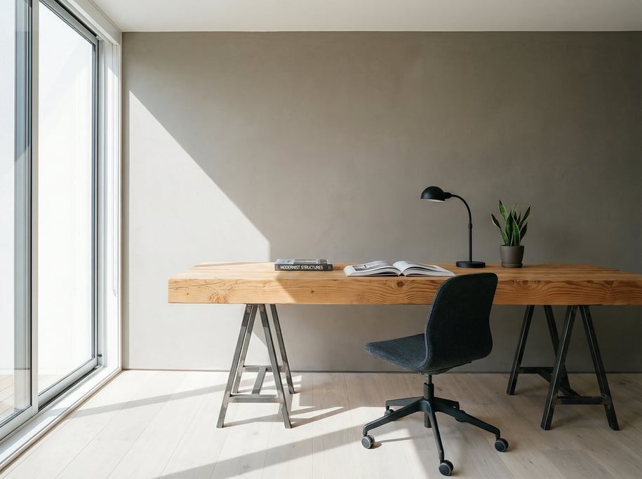 Pulled-back wide shot showing the full room with of an architect's workspace