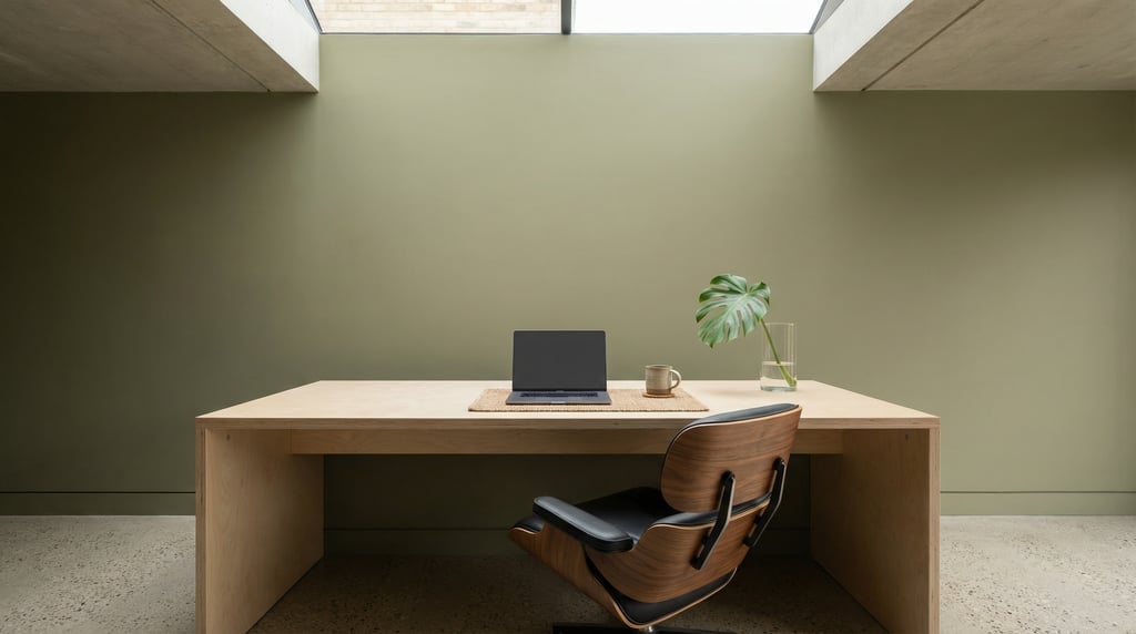 Low-angle photograph looking slightly upward at of a serene morning workspace
