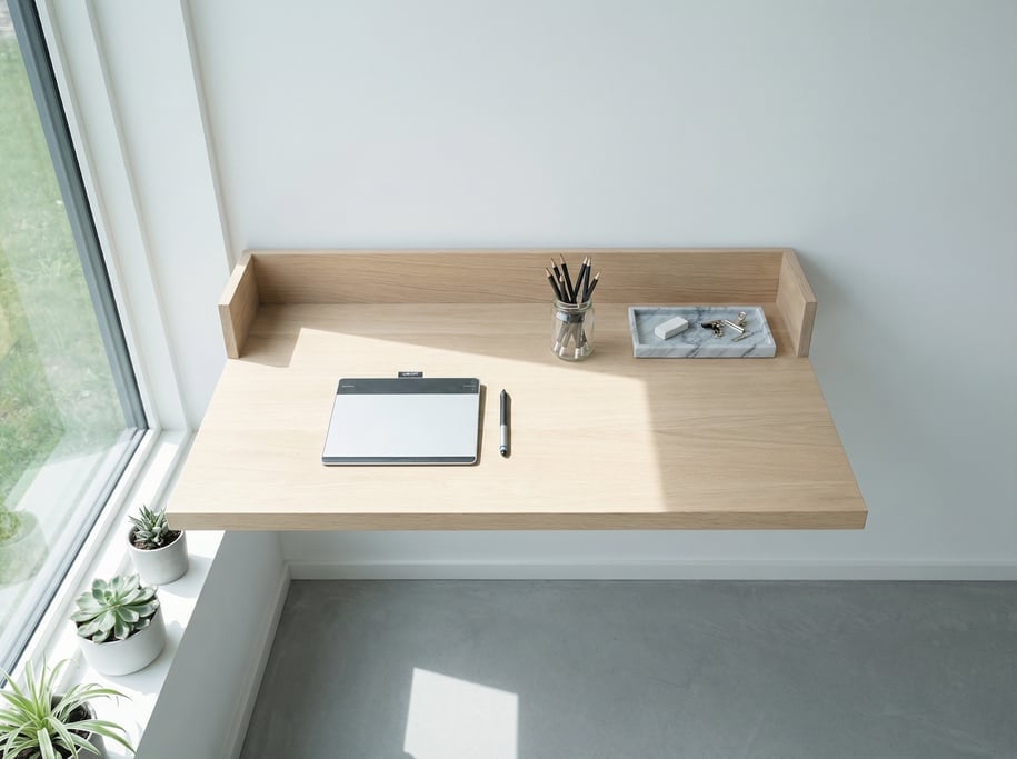 Overhead bird's-eye view looking directly down at a clean cantilevered wall-mounted desk in pale oak