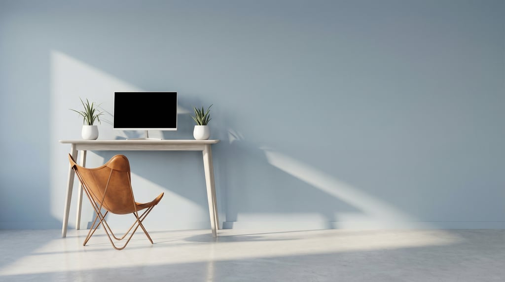 Wide-angle architectural shot of a monochrome minimal office