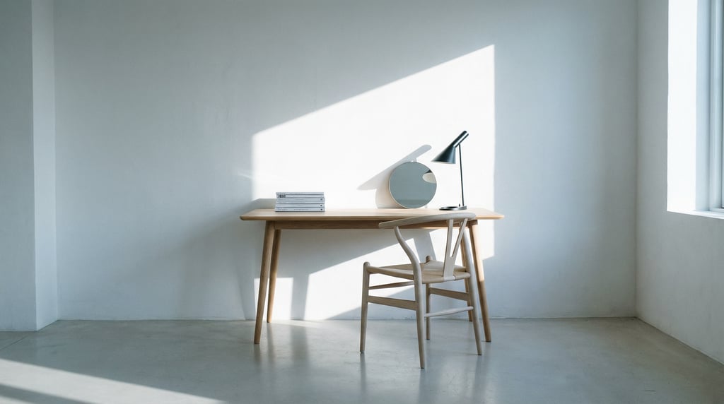 Pulled-back wide shot showing the full room with of a Nordic atelier