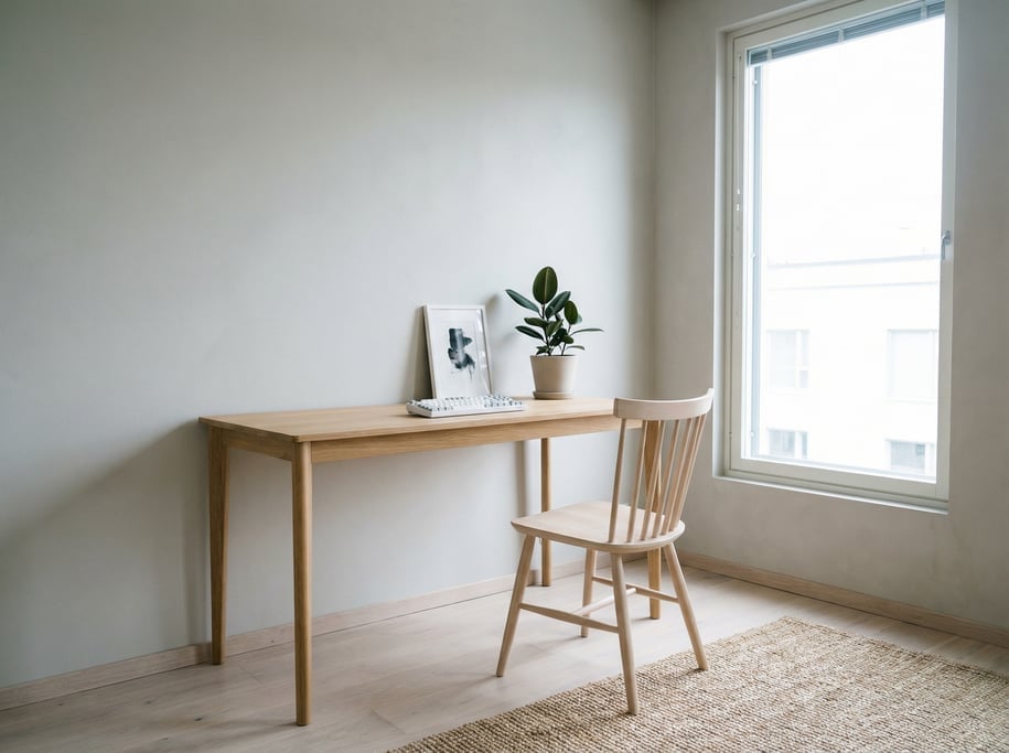 Wide-angle architectural shot of a zen-inspired workspace