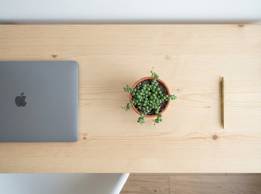 Overhead bird's-eye view looking directly down at a clean wide natural pine desk with visible grain