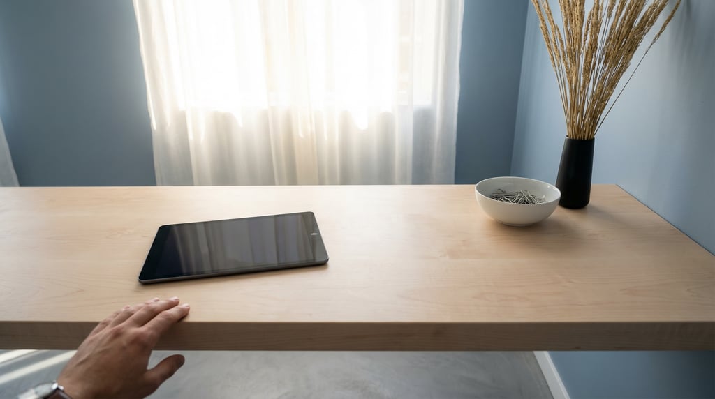 First-person perspective standing at the front edge of the desk