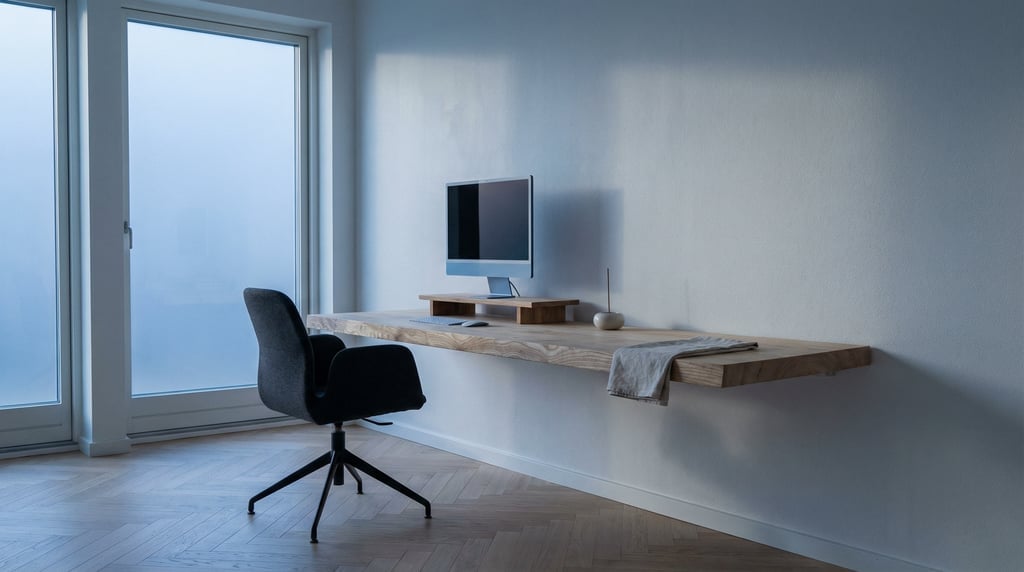 Wide-angle architectural shot of a Scandinavian workspace nook