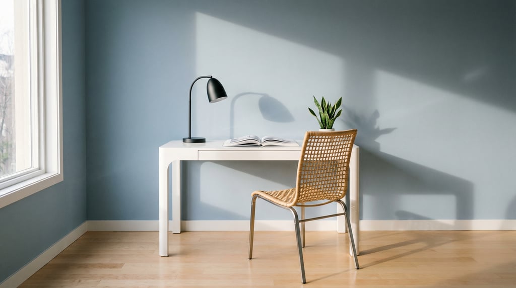 Pulled-back wide shot showing the full room with of a photographer's editing desk