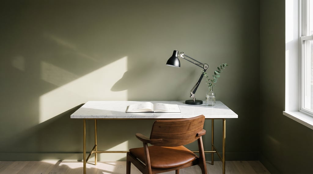 Frontal symmetrical view of a Bauhaus-inspired workspace