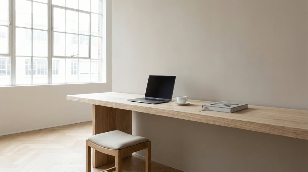 Low-angle photograph looking slightly upward at of a gallery-like workspace with high ceilings