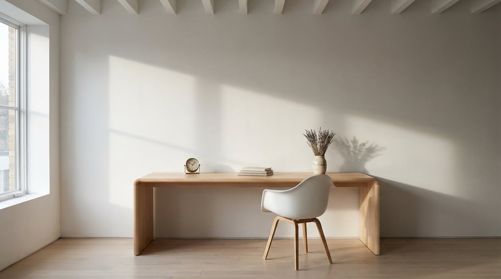 Wide straight-on photograph of a gallery-like workspace with high ceilings