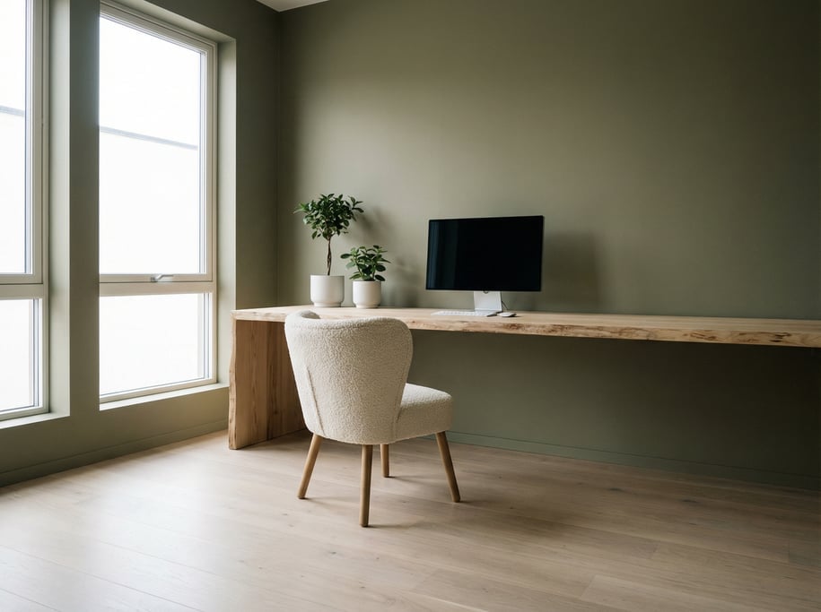 Pulled-back wide shot showing the full room with of a Nordic atelier