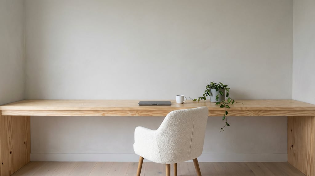Wide straight-on photograph of a minimalist home office