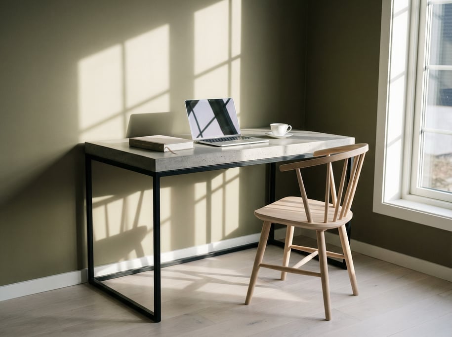 Low-angle photograph looking slightly upward at of a corner home office
