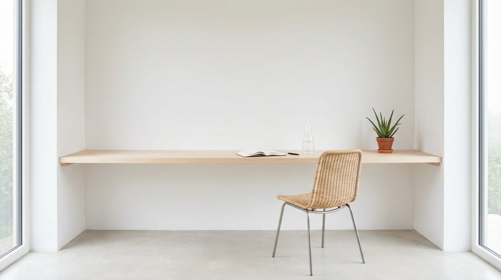 Wide-angle architectural shot of a quiet reading and writing nook