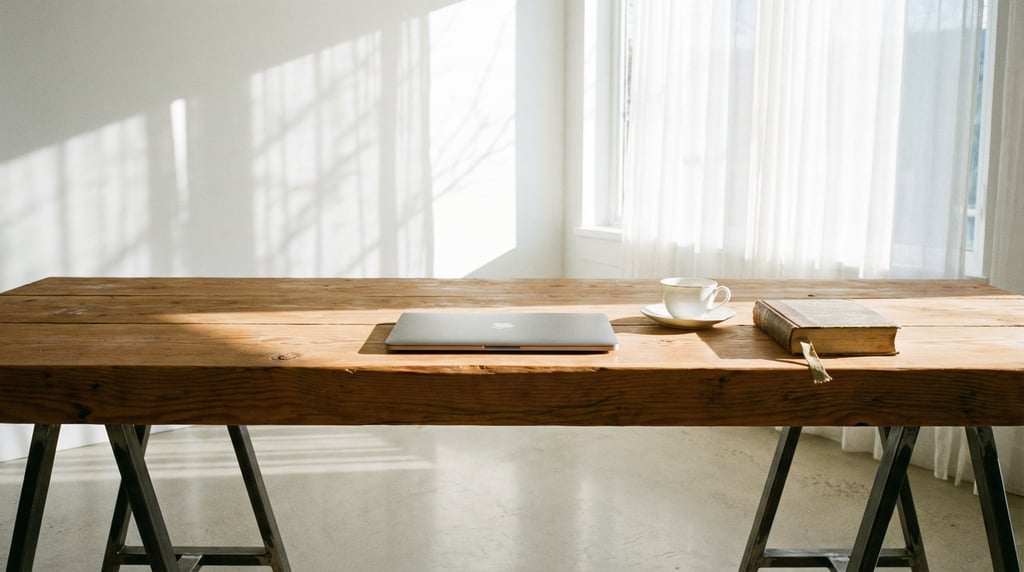 First-person perspective standing at the front edge of the desk