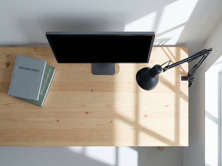 Overhead bird's-eye view looking directly down at a clean wide natural pine desk with visible grain