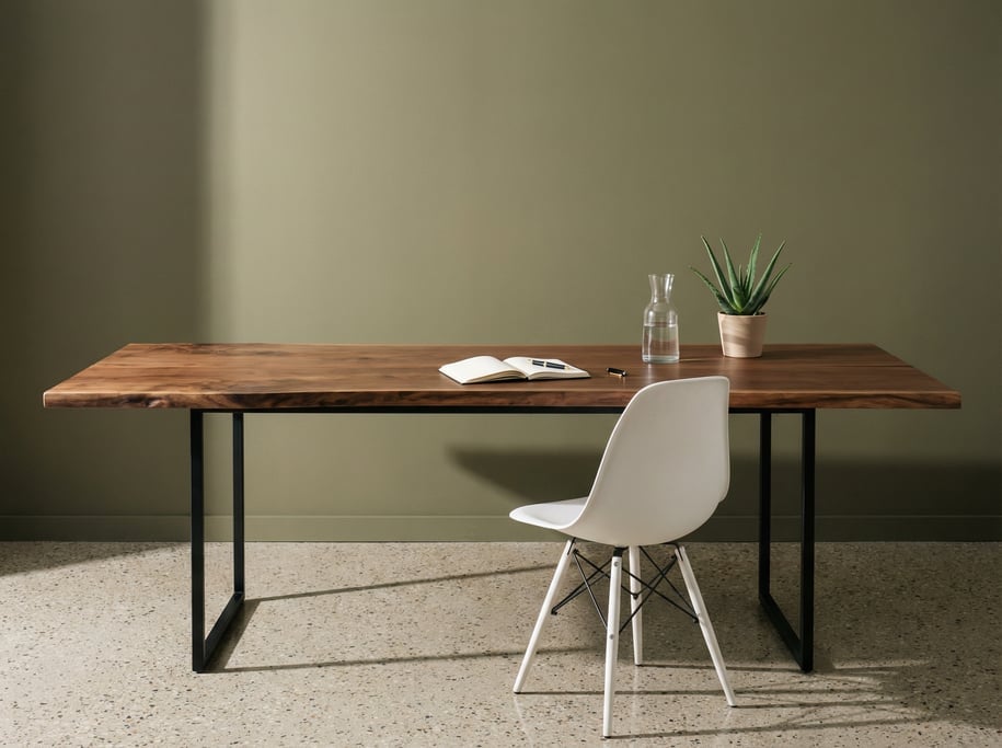 Wide straight-on photograph of a Bauhaus-inspired workspace