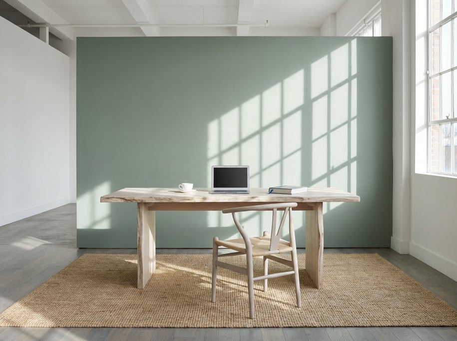 Frontal symmetrical view of a gallery-like workspace with high ceilings