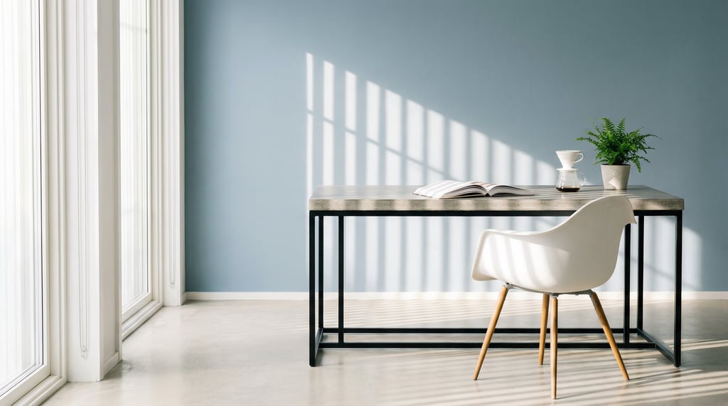 Wide-angle architectural shot of a Scandinavian workspace nook