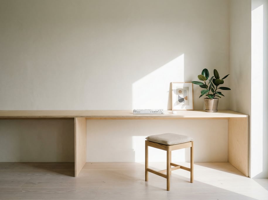Straight-on architectural photograph of a clean freelancer workspace