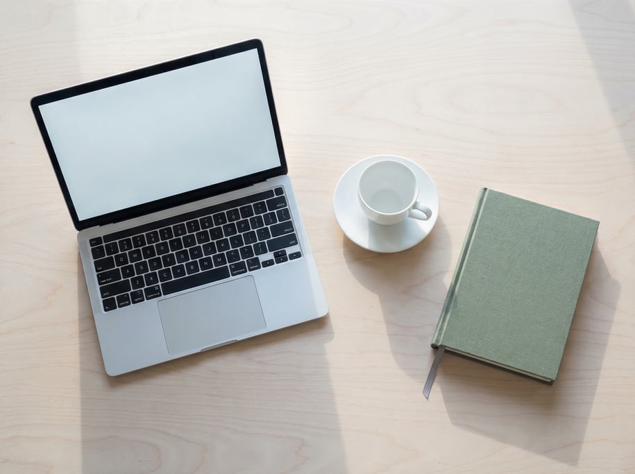 Overhead bird's-eye view looking directly down at a clean long pale birch plywood desk surface
