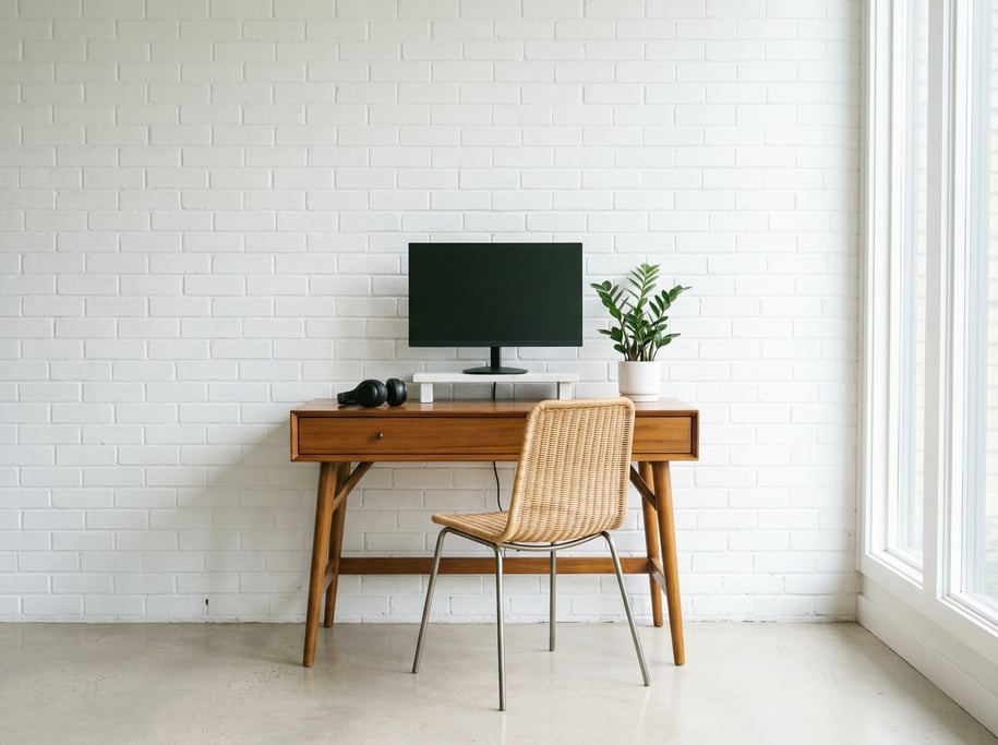 Frontal symmetrical view of a quiet reading and writing nook