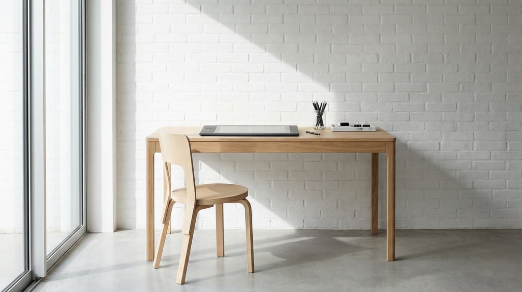 Three-quarter angle view of a minimalist home office