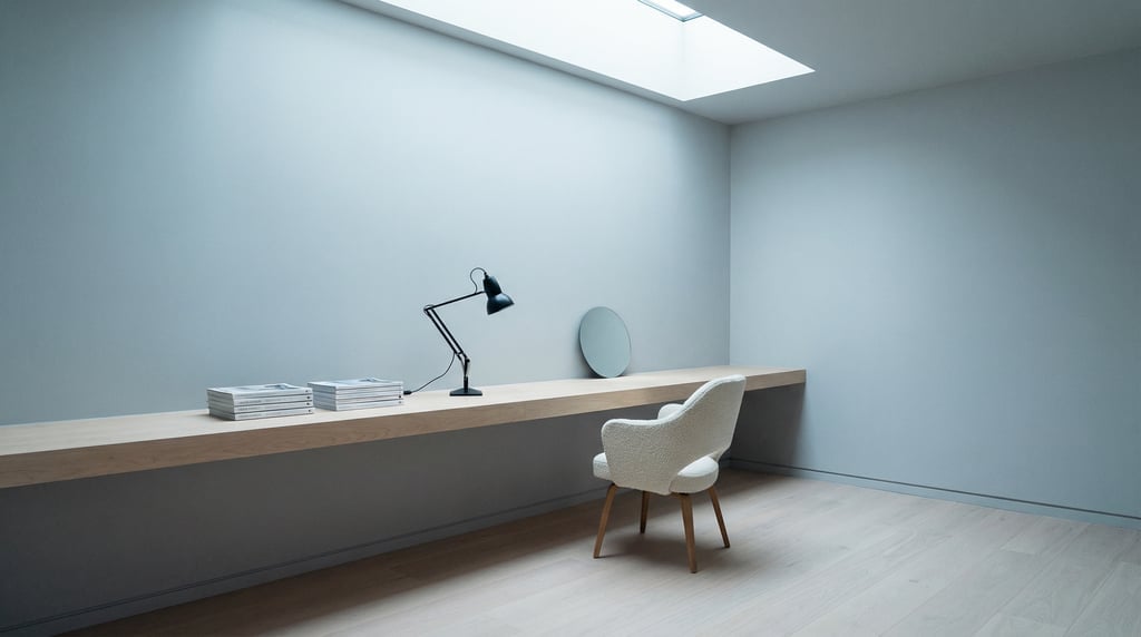 Pulled-back wide shot showing the full room with of a minimalist home office