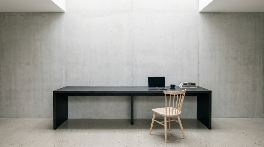 Wide straight-on photograph of an architect's workspace