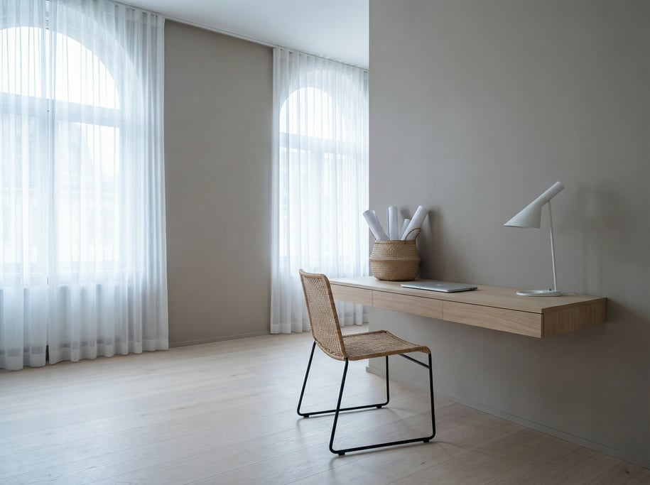 Wide-angle architectural shot of a serene morning workspace