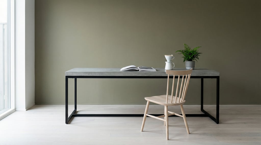 Wide straight-on photograph of a monochrome minimal office