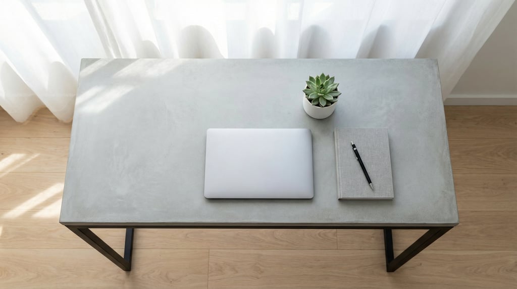 Overhead bird's-eye view looking directly down at a clean minimal concrete-top desk with matte black