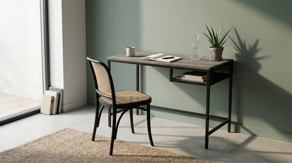 Pulled-back wide shot showing the full room with of a Scandinavian workspace nook