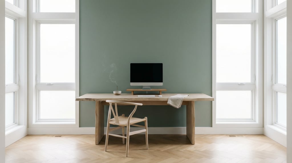 Wide straight-on photograph of a quiet reading and writing nook