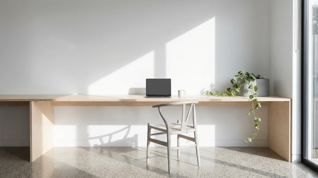 Frontal symmetrical view of a minimalist home office