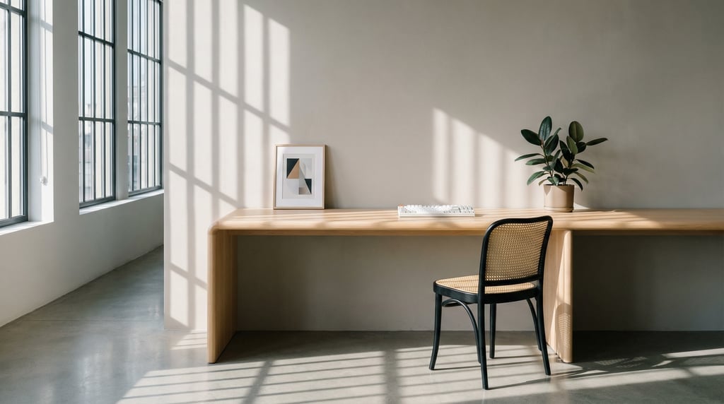 Straight-on architectural photograph of a Bauhaus-inspired workspace