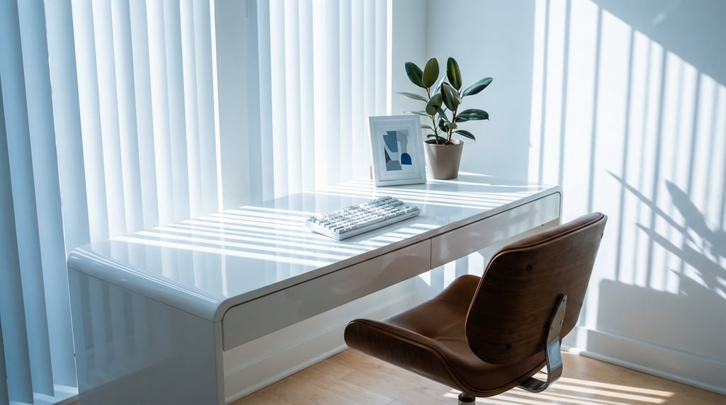 Low-angle photograph looking slightly upward at of a serene morning workspace
