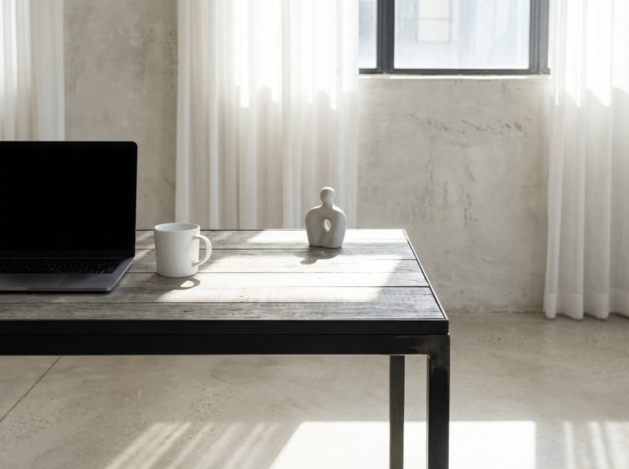 First-person perspective standing at the front edge of the desk