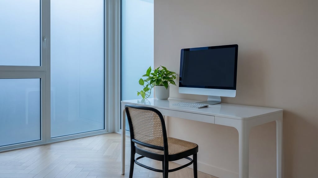 Wide-angle architectural shot of a clean freelancer workspace
