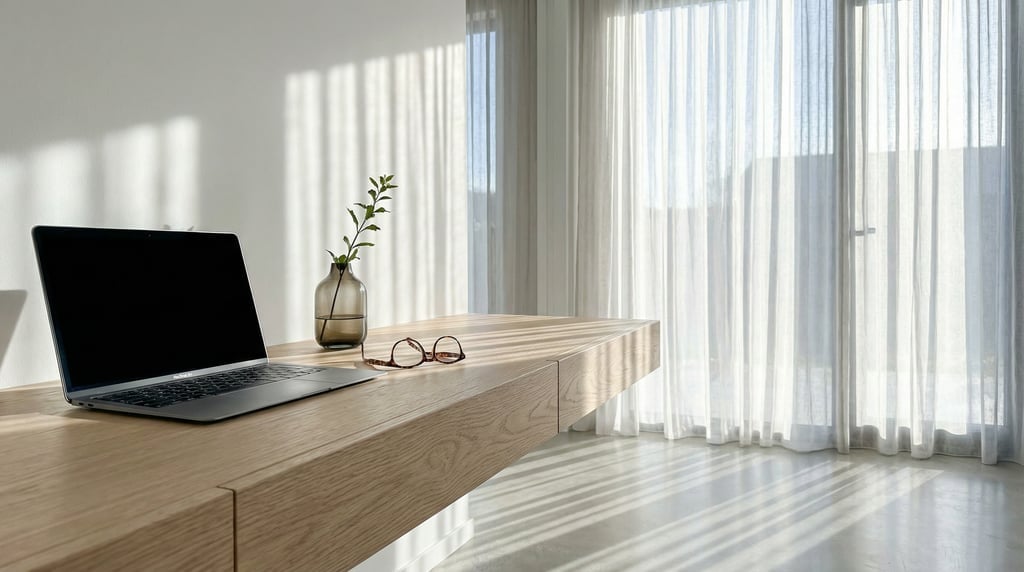 First-person perspective standing at the front edge of the desk