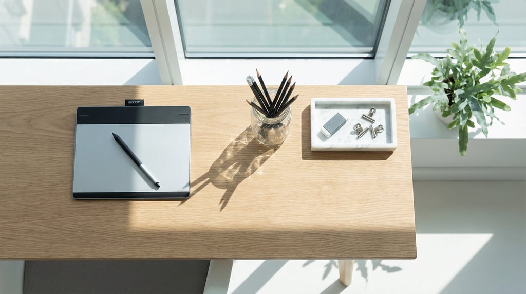 Overhead bird's-eye view looking directly down at a clean slender natural oak desk surface