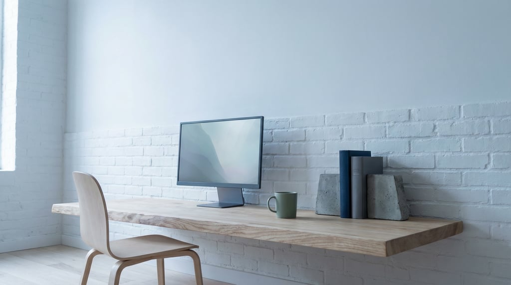 Low-angle photograph looking slightly upward at of a clean freelancer workspace