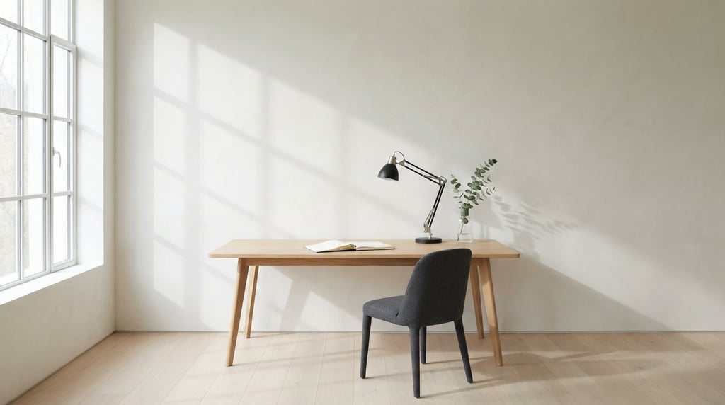 Wide straight-on photograph of a contemporary writing room