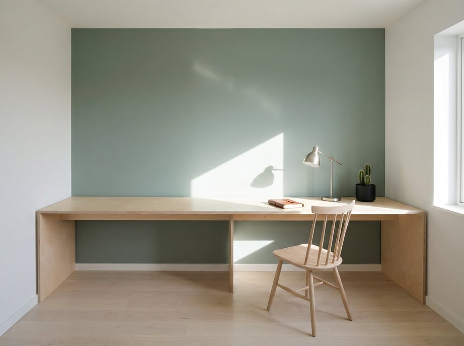 Pulled-back wide shot showing the full room with of an editorial-style study