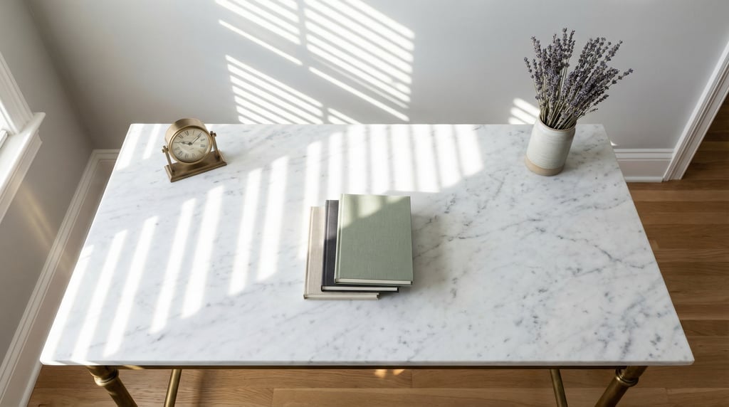 Overhead bird's-eye view looking directly down at a clean white carrara marble-top desk with brass l