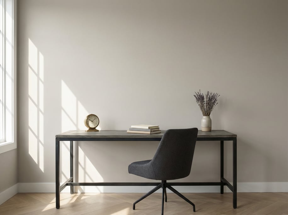 Frontal symmetrical view of a zen-inspired workspace