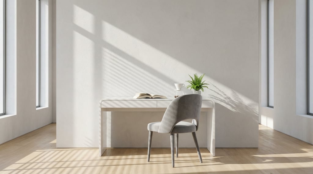 Frontal symmetrical view of a gallery-like workspace with high ceilings