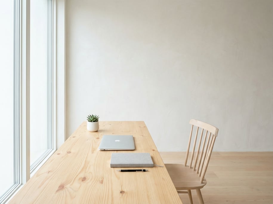 Wide-angle architectural shot of a minimal illustration studio
