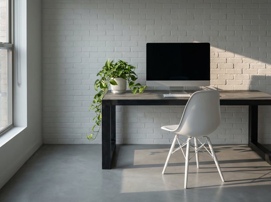 Wide-angle architectural shot of a window-side writing desk setup