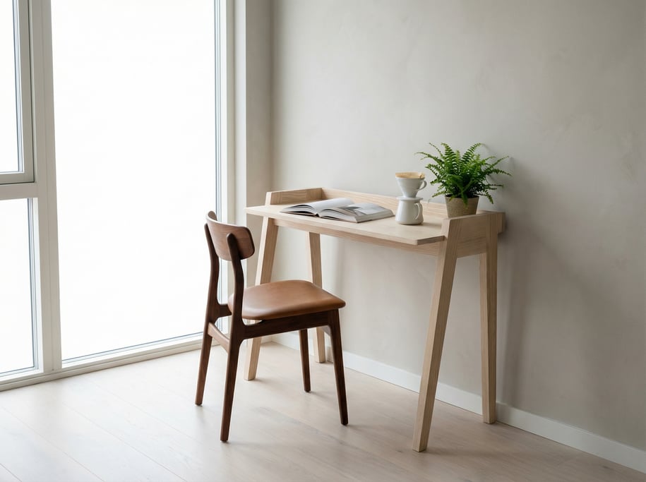 Close three-quarter angle of a Scandinavian workspace nook