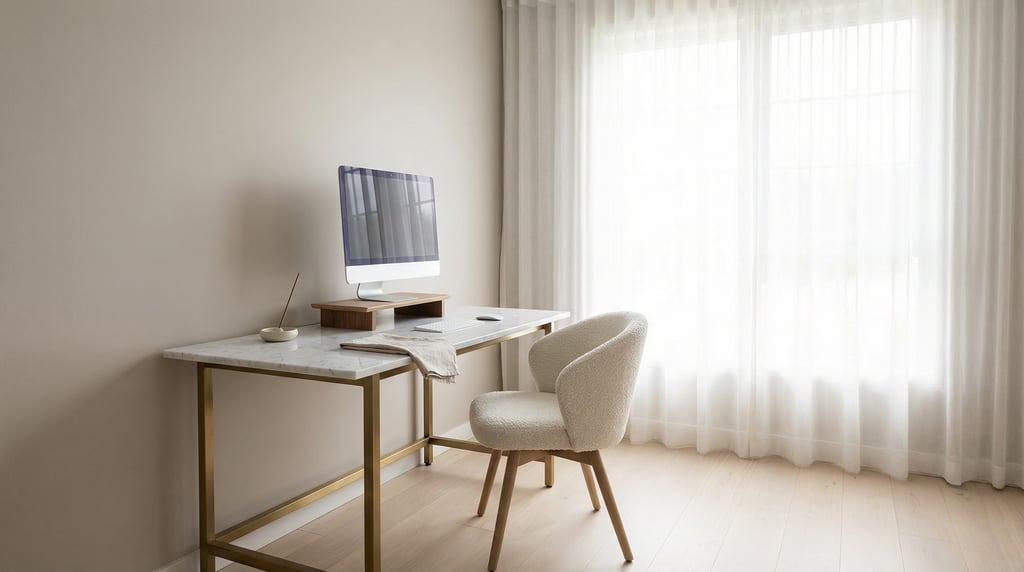 Pulled-back wide shot showing the full room with of a contemporary writing room